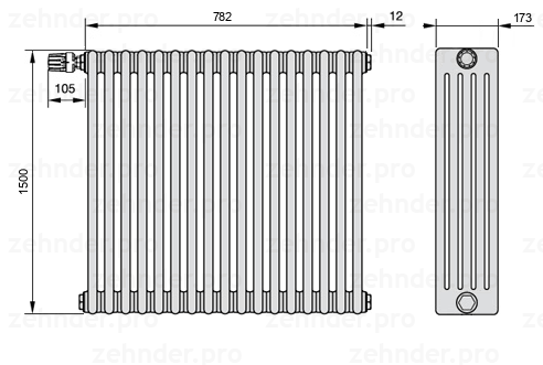 Схема (чертеж) Радиатор Zehnder Charleston 5150/17 №V011 Белый глянцевый RAL 9016